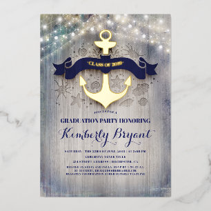Invitación Con Relieve Metalizado Azul Marino y Ancla Dorada Graduación Rústica de P