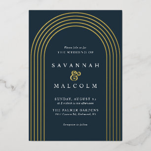 Invitación Con Relieve Metalizado Azul Marino y Dorado Boda de Arco Moderno Simple