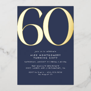 Invitación Con Relieve Metalizado Azul Marino y Dorado Cumpleaños 60 Moderno y Ele