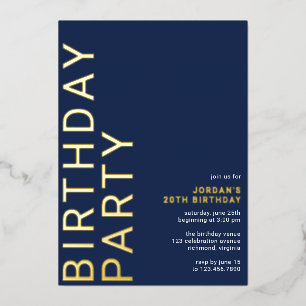 Invitación Con Relieve Metalizado Azul Marino y Dorado Cumpleaños Moderno y Fresco