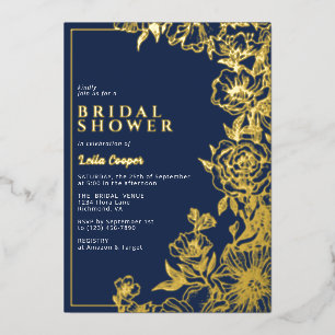 Invitación Con Relieve Metalizado Azul Marino y Dorado Despedida de Soltera Floral