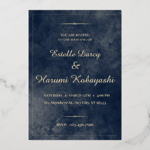 Invitación Con Relieve Metalizado Azul Marino y Dorado Elegante, Fondo de Acuarela