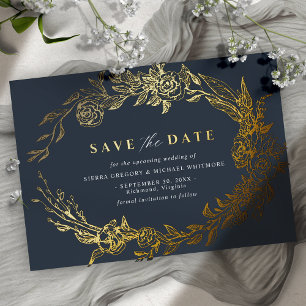 Invitación Con Relieve Metalizado Azul Marino y Dorado Elegante Save the Date Flor