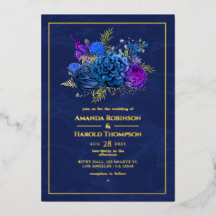 Invitación Con Relieve Metalizado Azul Marino y Dorado Folio Floral Vintage para Bod