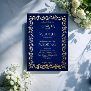 Invitación Con Relieve Metalizado Azul marino y dorado vintage floral elegante boda