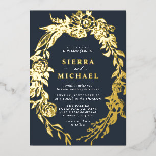 Invitación Con Relieve Metalizado Azul Marino y Floral Dorado Boda Elegante y Temp