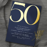 Invitación Con Relieve Metalizado Azul marino y oro | 50 Aniversario de la Simple Mo<br><div class="desc">Invitaciones modernas de 50 años con un gran título "50" en Relieve metalizado metálico real. Los detalles del evento se imprimen a continuación en una letra blanca mate. El oro acentúa sobre un fondo azul marino.</div>
