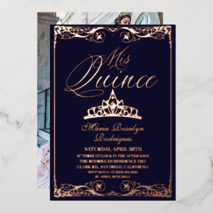 Invitación Con Relieve Metalizado Azul Marino y Rosa Dorado Elegante Foto de Quincea
