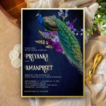 Azul Medianoche Floral Púrpura Boda India Pavo Rea