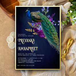Invitación Con Relieve Metalizado Azul Medianoche Floral Púrpura Boda India Pavo Rea