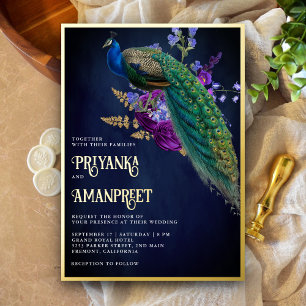 Invitación Con Relieve Metalizado Azul Medianoche Floral Púrpura Boda India Pavo Rea