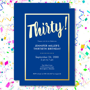 Invitación Con Relieve Metalizado Azul moderno y Relieve metalizado dorado 30 cumple