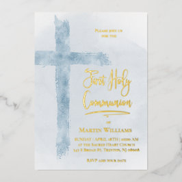 Invitación Con Relieve Metalizado azul pastel Santa Cruz Primera Comunión