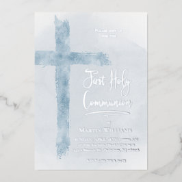 Invitación Con Relieve Metalizado azul pastel Santa Cruz Primera Comunión