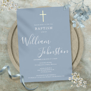 Invitación Con Relieve Metalizado Azul Polvoriento Bautizo Elegante Cruz Dorada