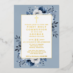 Invitación Con Relieve Metalizado Azul Polvoriento Boho Floral Primera Comunión Dora