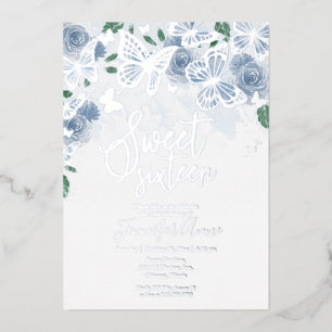 Invitación Con Relieve Metalizado Azul Polvoriento Floral Dulce 16 Mariposa Plata