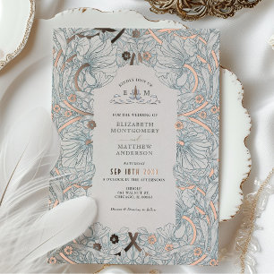 Invitación Con Relieve Metalizado Azul Polvoriento Pimpernel Patrón Vintage Morris