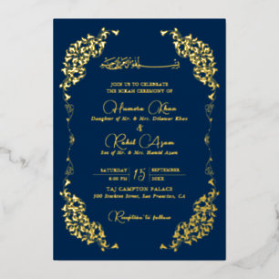 Invitación Con Relieve Metalizado Azul Real Artístico Dorado Floral Paisley Musulmán