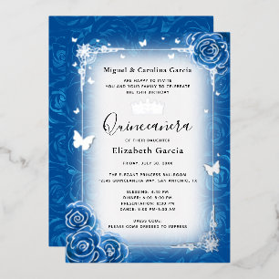 Invitación Con Relieve Metalizado Azul Real Floral Acuarela Quinceañera Plata