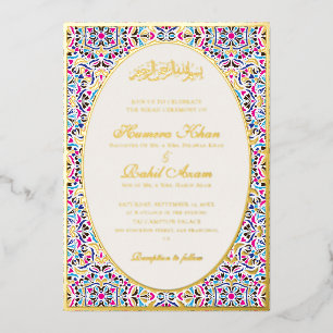 Invitación Con Relieve Metalizado Azul Real Floral Motivo de Boda Musulmana de Marfi