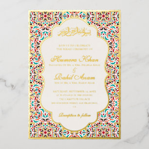 Invitación Con Relieve Metalizado Azul Real Floral Motivo de Boda Musulmana de Marfi