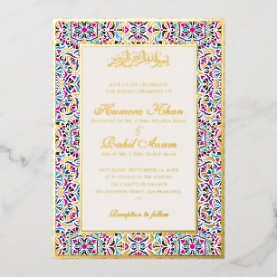 Invitación Con Relieve Metalizado Azul Real Floral Motivo de Boda Musulmana de Marfi