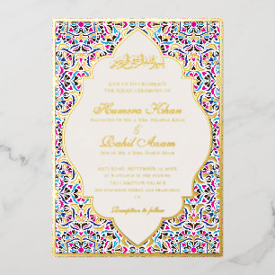 Invitación Con Relieve Metalizado Azul Real Floral Motivo Musulmán Boda Teal Marfil