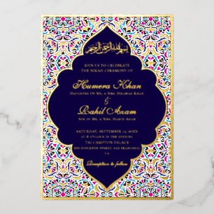Invitación Con Relieve Metalizado Azul Real Floral Motivo Musulmán Boda Teal Marfil