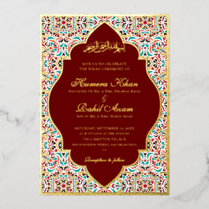 Invitación Con Relieve Metalizado Azul Real Floral Motivo Musulmán Boda Teal Marfil