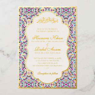 Invitación Con Relieve Metalizado Azul Real Floral Motivo Musulmán Boda Teal Marfil
