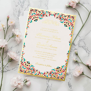 Invitación Con Relieve Metalizado Azul Real Floral Motivo Musulmán Boda Teal Marfil 