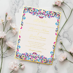 Invitación Con Relieve Metalizado Azul Real Floral Motivo Musulmán Boda Teal Marfil