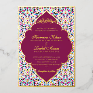 Invitación Con Relieve Metalizado Azul Real Floral Motivo Musulmán Boda Teal Marfil