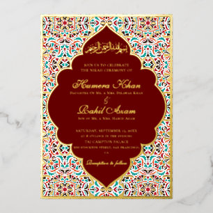 Invitación Con Relieve Metalizado Azul Real Floral Motivo Teal Marfil Boda Musulmana