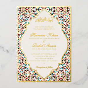 Invitación Con Relieve Metalizado Azul Real Floral Motivo Teal Marfil Boda Musulmana