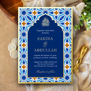 Invitación Con Relieve Metalizado Azul Real Geométrico Musulmán Islámico Boda Dorado