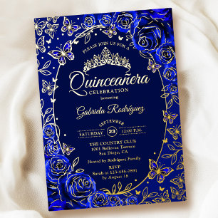Invitación Con Relieve Metalizado Azul Real Mariposas Rosas Quinceañera de Oro