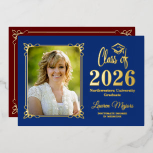 Invitación Con Relieve Metalizado Azul, Rojo Oro HOJA Clase de 2026 Foto Graduación