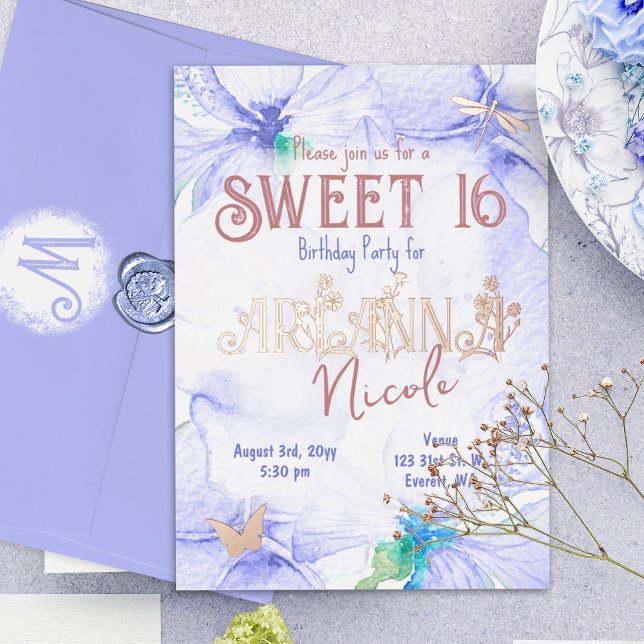 Invitación Con Relieve Metalizado Azul, Rosa Dorado Dulce 16 Flores Silvestres (dusty blue, sky blue, rose gold botanical lettering sweet sixteen birthday part invitation)