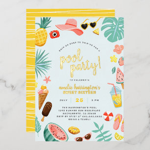 Invitación Con Relieve Metalizado Azul Sandía Piña Tropical Fiesta en la Piscina