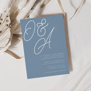 Invitación Con Relieve Metalizado Azul turbio Boda de monograma con guión plateado