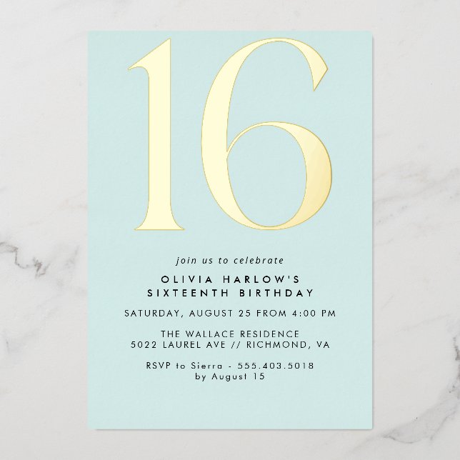 Invitación Con Relieve Metalizado Azul y oro de la luz azul pastel | Dulce simple 16 (Anverso)