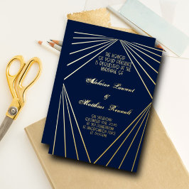 Invitación Con Relieve Metalizado Azul y oro de la marina Boda Art Deco