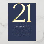 Invitación Con Relieve Metalizado Azul y oro de la Marina Oscura | Sleek 21st Birthd<br><div class="desc">Invitaciones minimalistas de 21 años con un gran título "50" en Relieve metalizado metálico real. Los detalles del evento se imprimen a continuación en un texto blanco mate. Diseño unisexo con acentos dorados en azul oscuro.</div>