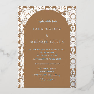 Invitación Con Relieve Metalizado Azulejo Geométrico Italiano Marrón Claro para Boda