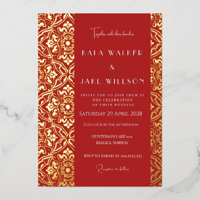 Invitación Con Relieve Metalizado Azulejo Italiano Rojo Carmesí (Punteado Retro)  (Anverso)