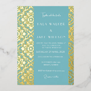 Invitación Con Relieve Metalizado Azulejo italiano sofisticado de opulencia azul (Só