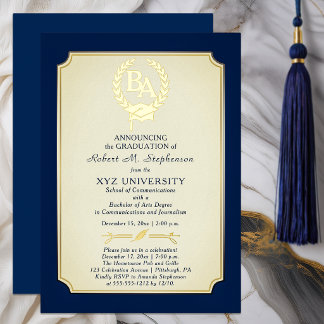 Invitación Con Relieve Metalizado BA - Bachelor of Arts Degree College Graduation