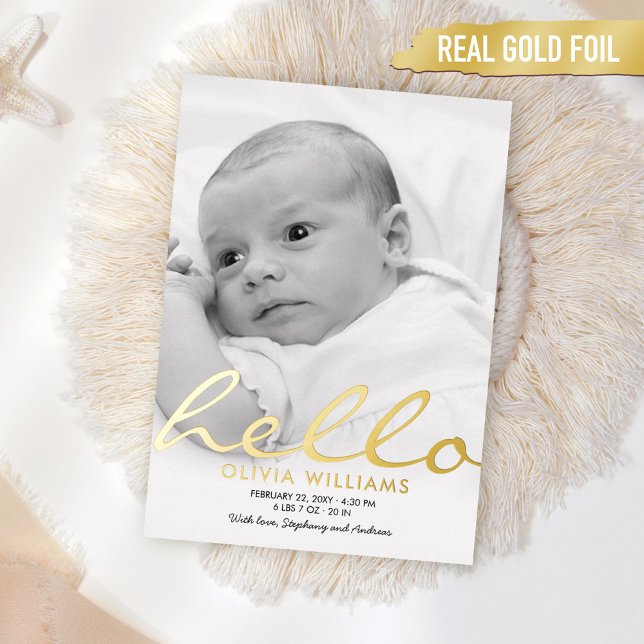 Invitación Con Relieve Metalizado Baby Birth Gold Foil Hello Simple Announcement (Subido por el creador)